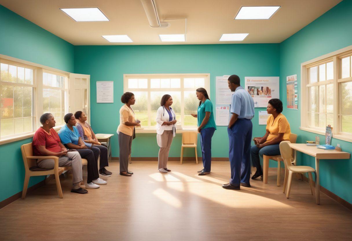 A warm and inviting scene depicting a diverse group of families in a community health center, engaging with healthcare professionals. Include visuals of informational posters about preventive care, vibrant health resources displayed, and a welcoming reception area. Families of various backgrounds discussing and accessing resources together, symbolizing unity and support in community health. soft lighting, bright colors, realistic illustration.