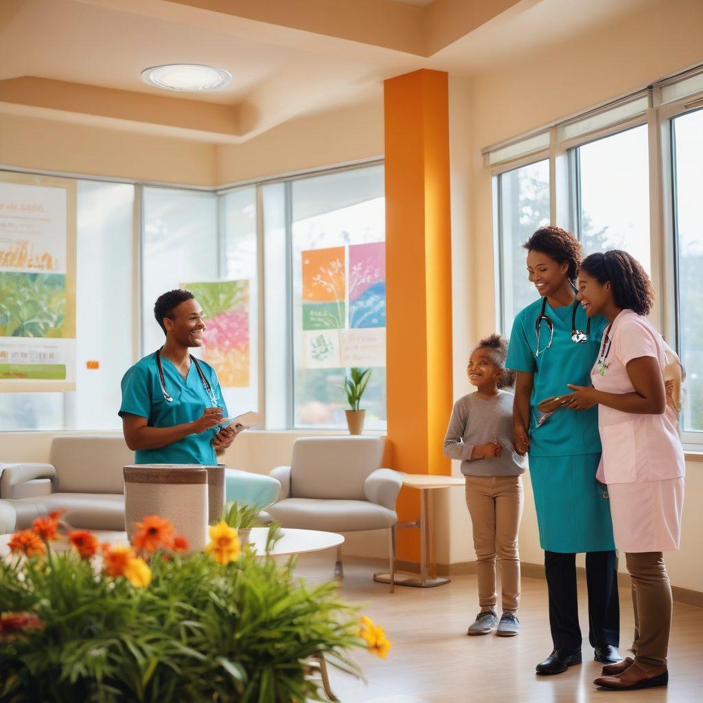 A warm and welcoming scene of a diverse family in a modern healthcare facility, engaging with a friendly healthcare professional. In the background, there are colorful posters depicting various healthcare services, along with plants for a calming environment. Soft natural light filters through large windows, enhancing the attentive and supportive atmosphere. The family is smiling and looks reassured, reflecting the concept of comprehensive healthcare services in a community. vibrant colors. super-realistic. bright and inviting.