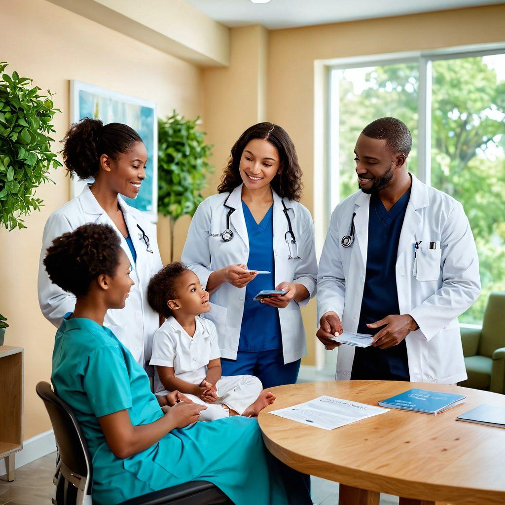 A serene family scene in a modern healthcare setting in New Jersey, showcasing a diverse family interacting with a friendly healthcare professional. Include elements like health pamphlets, a digital health monitor, and greenery in the background to convey a sense of well-being. Capture the warmth and trust in family healthcare. super-realistic. vibrant colors. 3D.